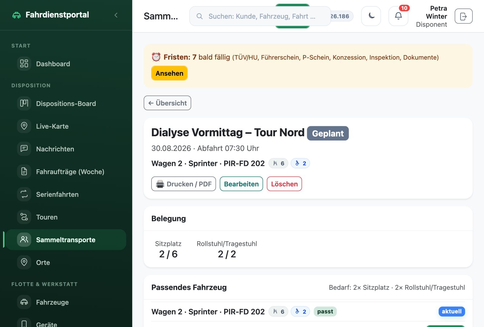 Sammeltransport mit Belegung, Fahrzeug-Vorschlag und Fahrgastliste